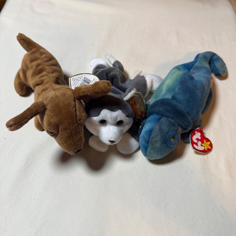 Ty Beanie Babies Lot 3  Rainbow Chameleon‎ Dachshund Weenie Husky Nanook